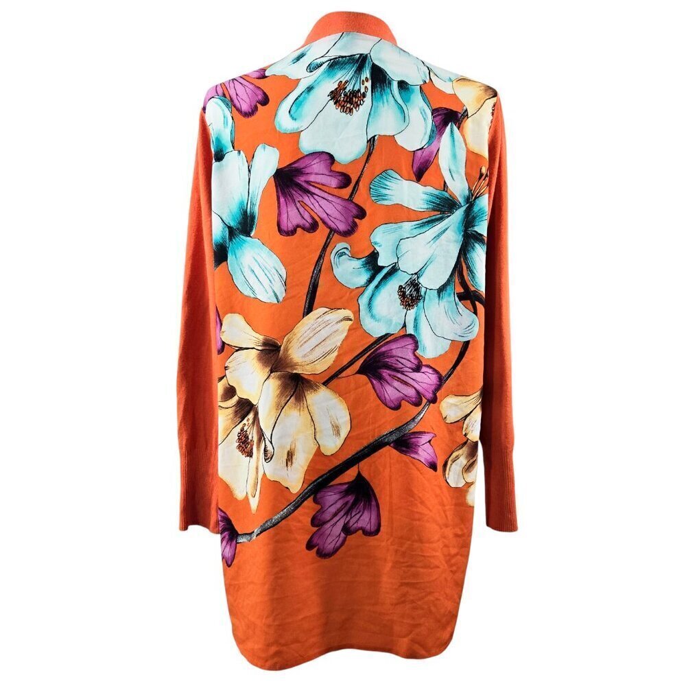 Chico's Orange Floral Back Mixed Media Open Front Cardigan Artsy Romantic